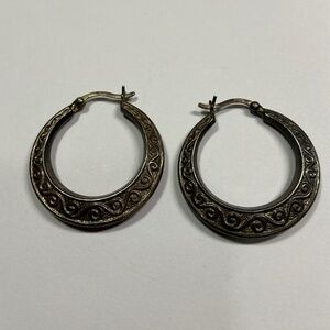 Vintage Sterling Silver Victorian Style Hoop Earrings. 1.25 inches long